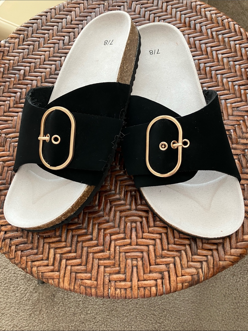Black Buckle Slide Sandals - Women